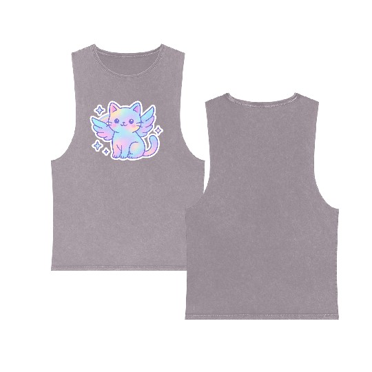Celestial Winged Cat Illustration Double Sided Mineral Wash Tank Tops
