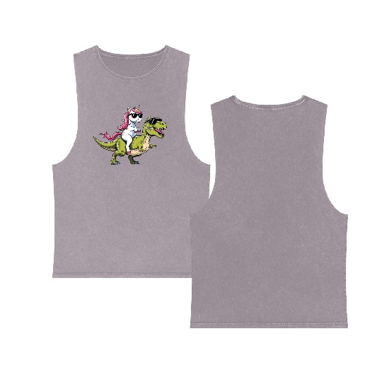 Cool Unicorn Riding T-Rex Dinosaur Double Sided Mineral Wash Tank Tops