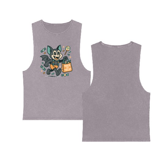 Cute Bat with Candy Bag Halloween Design Double Sided Mineral Wash Tank Tops