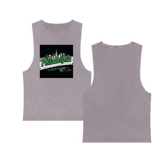 Philadelphia Skyline Neon Design Double Sided Mineral Wash Tank Tops