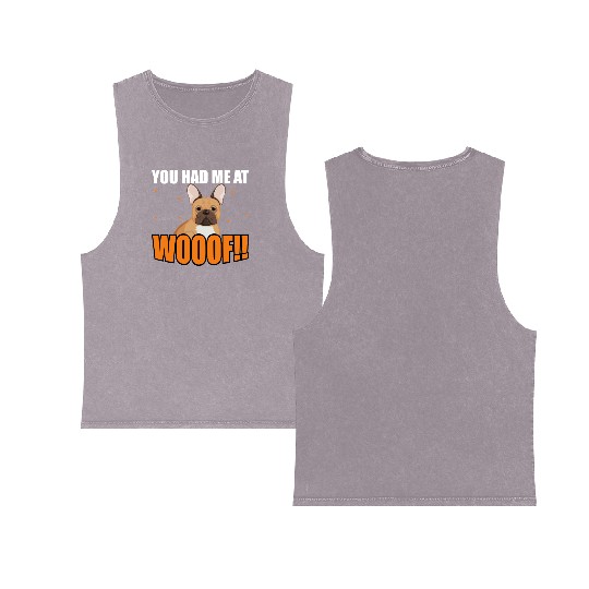 Adorable French Bulldog Woof Quote Double Sided Mineral Wash Tank Tops