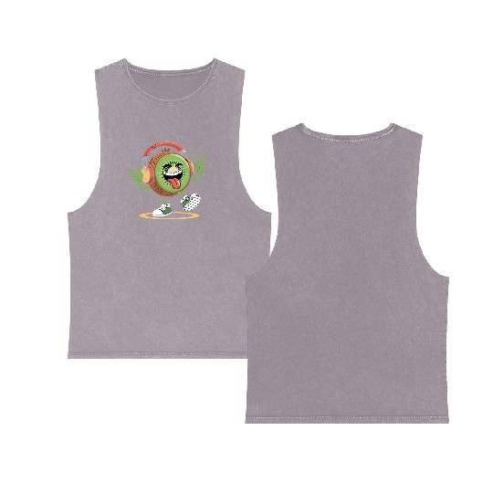 Playful Kiwi Cartoon with Headphones Double Sided Mineral Wash Tank Tops