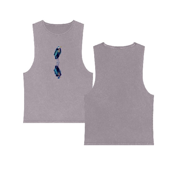 Great Blue Heron Stands Reflected Double Sided Mineral Wash Tank Tops