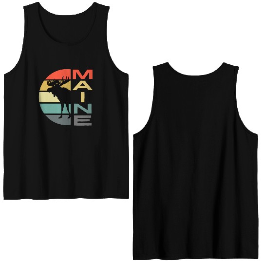 Maine Moose Retro Sunset Acadia Nature Vintage Double Sided Tank Tops