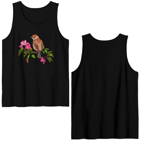 Sparrow on a branch pink flowers of an apple tree Double Sided Tank Tops
