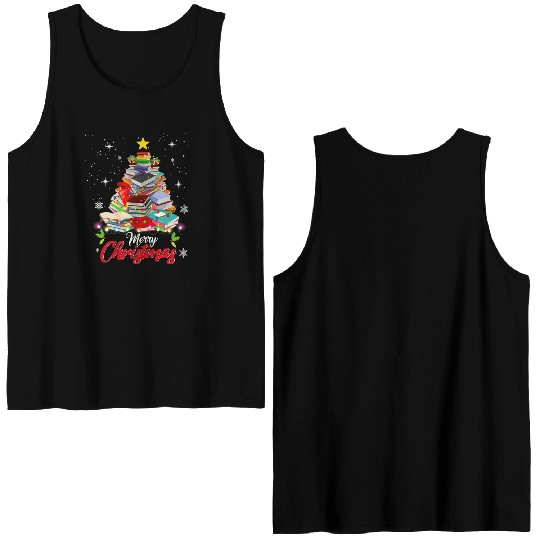 Merry Christmas Tree Love Reading Books Librarian Double Sided Tank Tops
