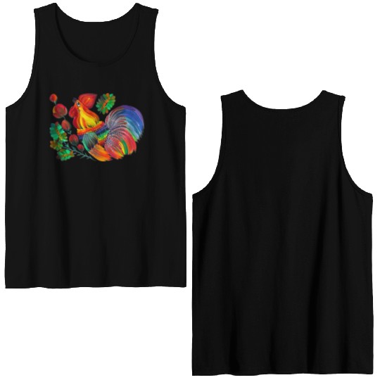 Magic cock. Petrykivka painting. Rainbow rooster Double Sided Tank Tops