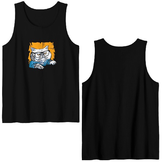 Stylish Nerd Persian Cat Beanie Glasses Tattoo Double Sided Tank Tops