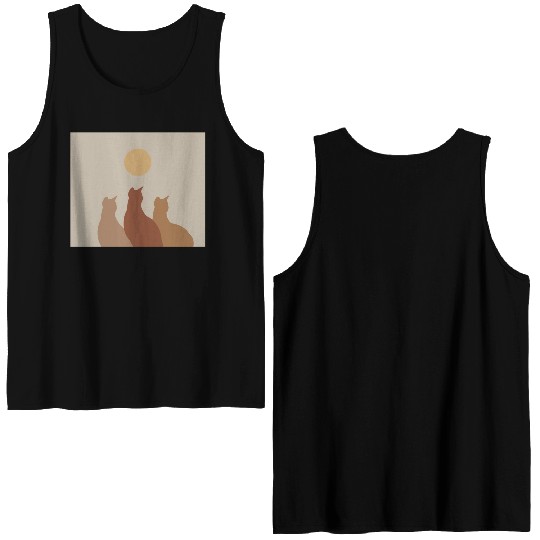 Abstract Boho Cats Relaxed Aesthetic Beige Minimal Double Sided Tank Tops