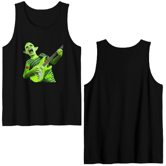 Huge green alien jamming on an electric guitar. Double Sided Tank Tops