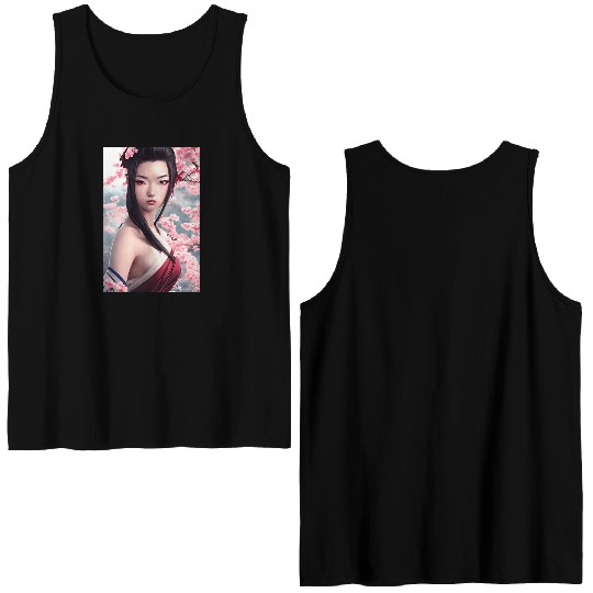 japanese geisha woman Japan wallart sakura pink Double Sided Tank Tops