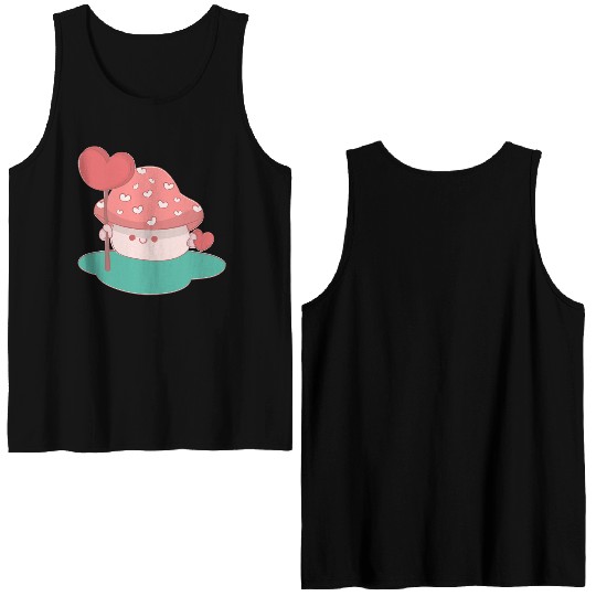 cute little mushroom holding a candy heart Double Sided Tank Tops