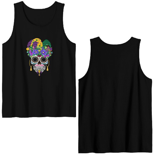 Mardi Gras Mask Dia De Los Muertos Flower Sugar Double Sided Tank Tops