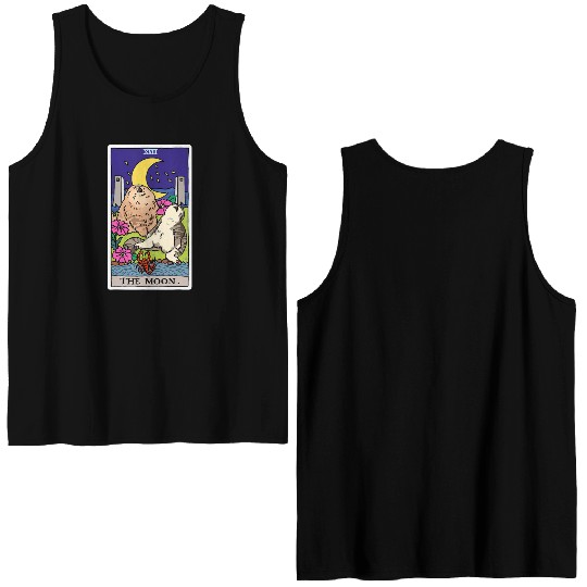 Tarot Card Crescent Moon And Cat Howl at the Moon Double Sided Tank Tops