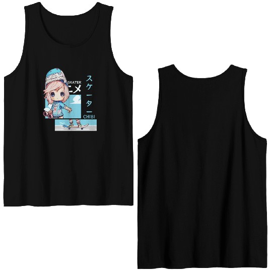 Kawaii Chibi Skater Skateboard Japanese Aesthetic Double Sided Tank Tops