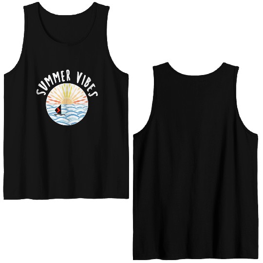 illustration sun sea boat summer vibes Double Sided Tank Tops