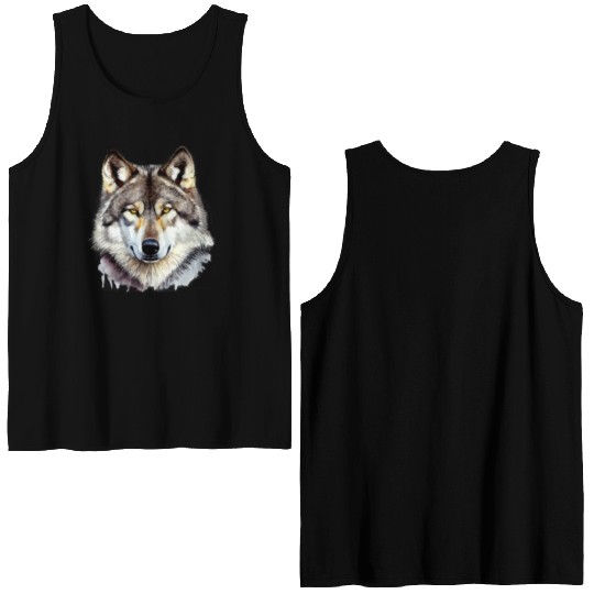 Watercolor Grey Wolf Portrait Double Sided Tank Tops
