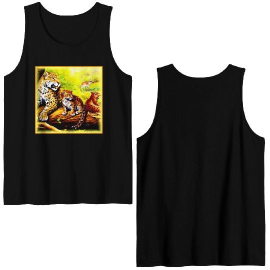 Jaguar Mom and Cubs Relaxing in Jungle. Buy Now Double Sided Tank Tops