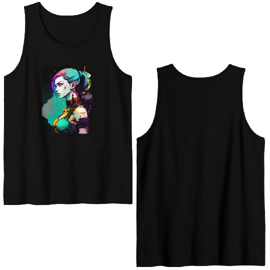 Bold and Beautiful Cyberpunk Girl with Teal Hair Double Sided Tank Tops