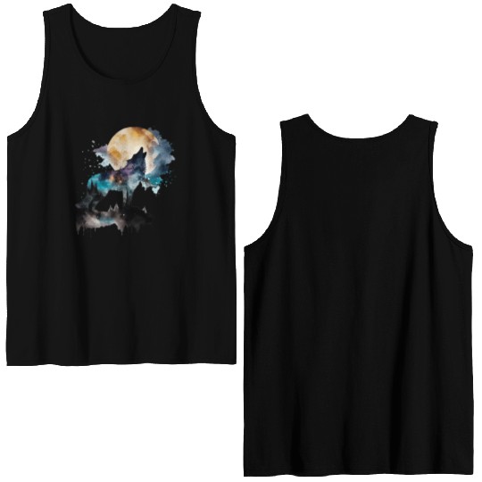 Mountain Wolf Multicolor Watercolor Portrait Double Sided Tank Tops