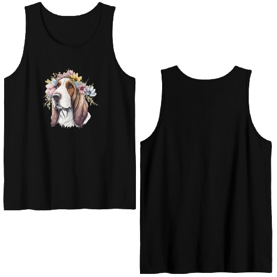 Cute Basset Hound Flower Crown Pet Dog Breed Flora Double Sided Tank Tops