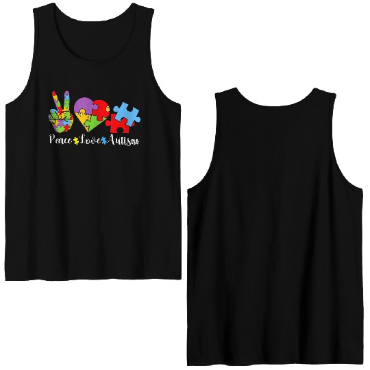 Peace Love Autism Puzzle In April We Wear Blue For Double Sided Tank Tops