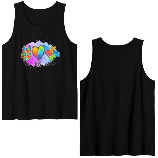 Peace Love Autism Super Cute Puzzle Pieces Autism Double Sided Tank Tops