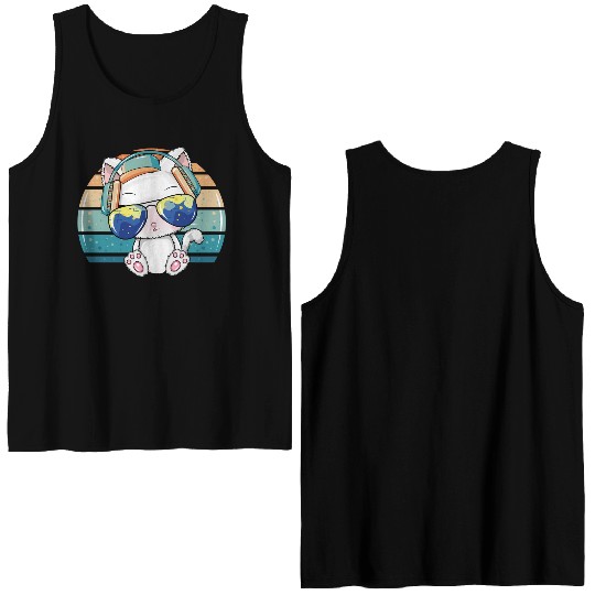 Hip Hop Music Dj Cat Kitty With Earphone Pet Double Sided Tank Tops