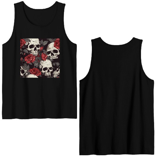 Dark Pattern Skulls & Red Roses Elegant Gothic Double Sided Tank Tops