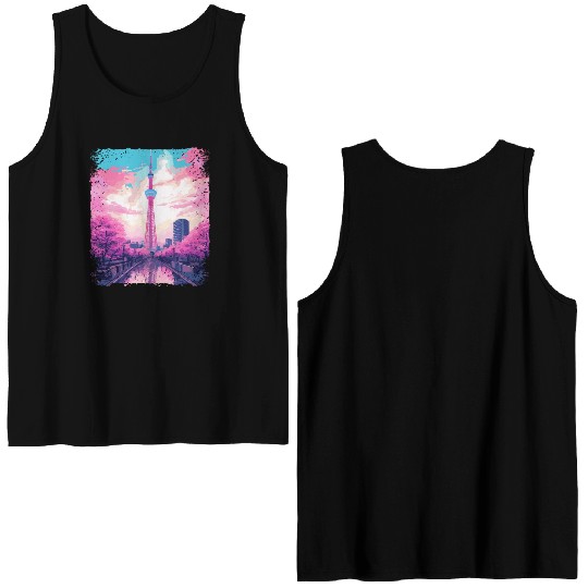 Aesthetic Skytree Tokyo Vaporwave Japanese Sight Double Sided Tank Tops