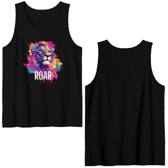 Roar Double Sided Tank Tops: Lion Synthwave Graffiti Kids Double Sided Tank Tops