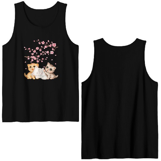Kitten Lover Japanese Cherry Blossom Cat Art Double Sided Tank Tops