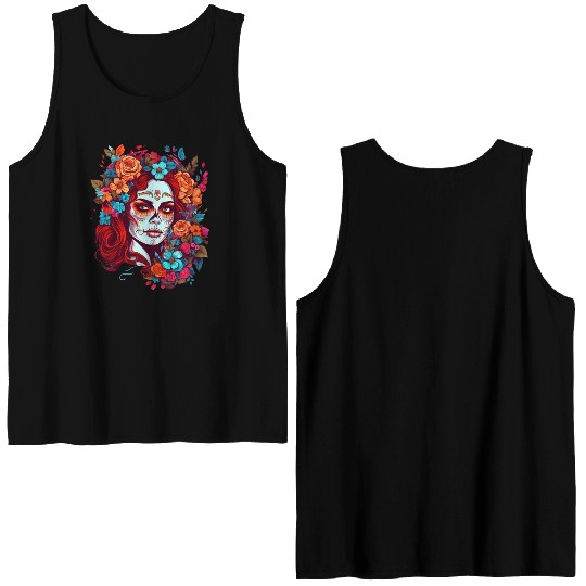 Dia de los muertos woman sugar skull with flowers Double Sided Tank Tops