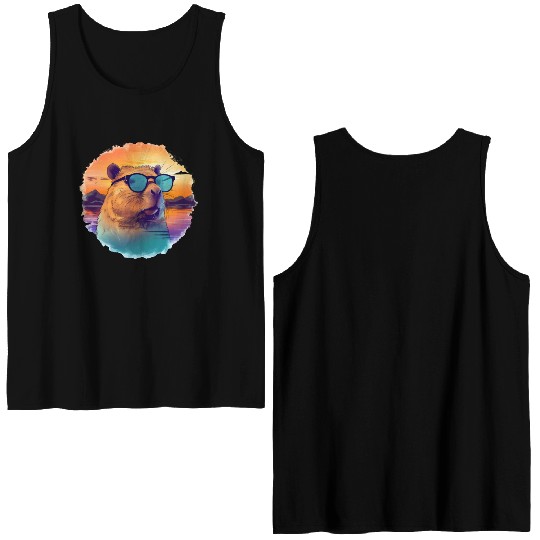 Sunset Serenity: Rustic Capybara Stripe Illustrate Double Sided Tank Tops
