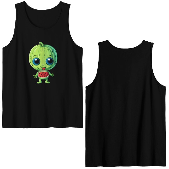 Green Alien & Watermelon: A Galactic Fusion Double Sided Tank Tops