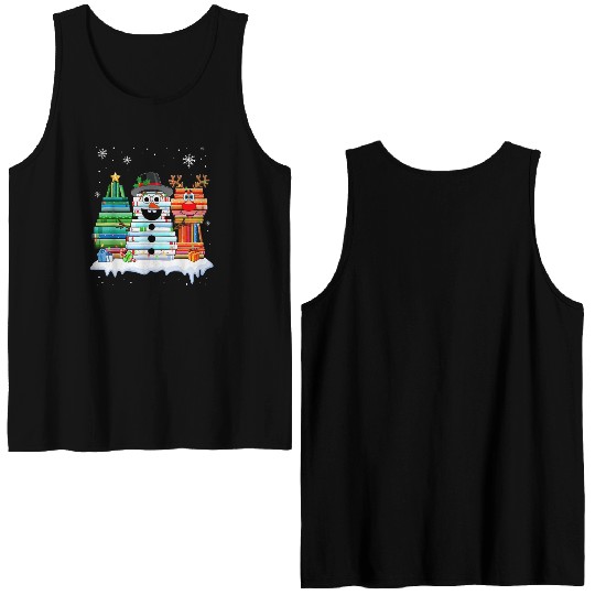 Christmas Tree Snowman Reindeer Book Stack Double Sided Tank Tops