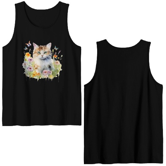 CAT Watercolor Flowers Butterflies Double Sided Tank Tops