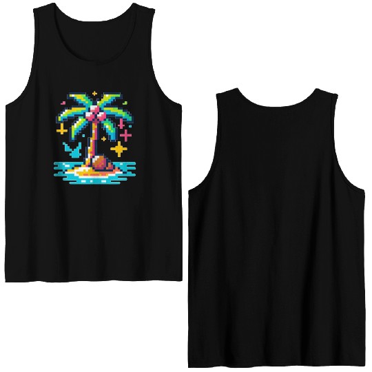Digital Beach Getaway: Pixel Palm Paradise Double Sided Tank Tops