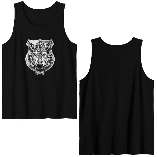 shield with wild boar head - DIGITAL - grayscale Double Sided Tank Tops