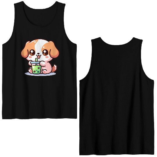 Playful dog with bubble tea Double Sided Tank Tops