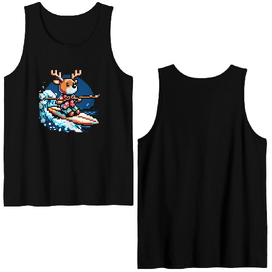 Surfing Reindeer: 8-Bit Holiday Wave Double Sided Tank Tops