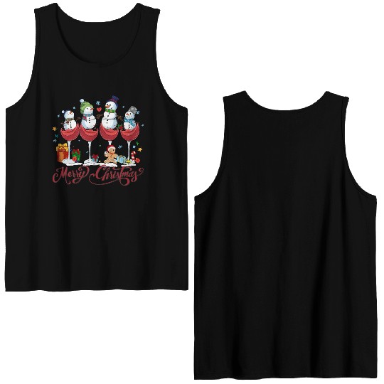 Red Wine Glasses with Snow Men Funny Christmas Double Sided Tank Tops