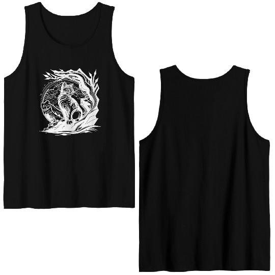 Pretty Little Nature Cat In Tattoo Style Double Sided Tank Tops