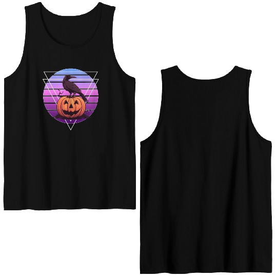 Raven Crow On Pumpkin Vaporwave Halloween Pagan Ae Double Sided Tank Tops