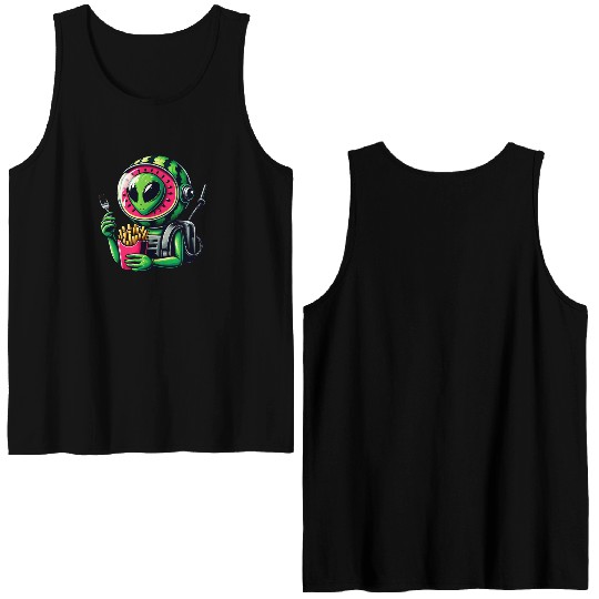 Alien with watermelon helmet eats fries Double Sided Tank Tops