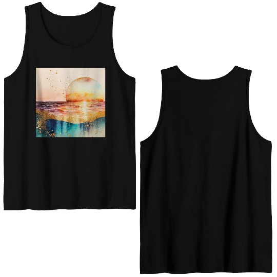 Sunset Beach Watercolor Painting Double Sided Tank Tops