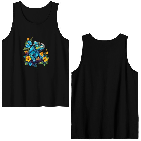 Chameleon Sitting on Branch Surrounded by Flowers Double Sided Tank Tops
