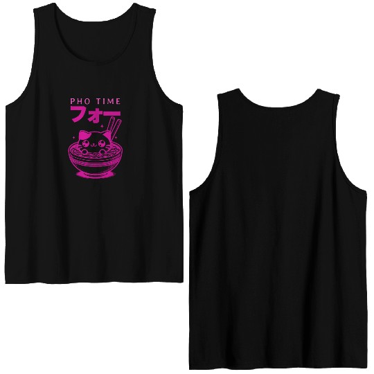 Pho Time Pink Cute Kitten in a Bowl Double Sided Tank Tops
