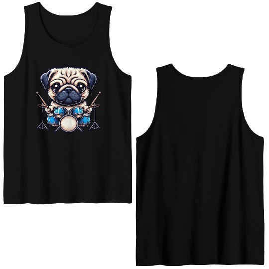 Cool Pug Drummer Puppy Beats Design Double Sided Tank Tops
