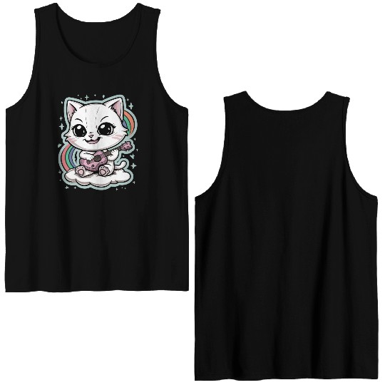 Cute White Cat Playing Guitar on Cloud - Rainbows Double Sided Tank Tops